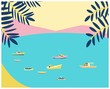 Beach blue coast. Marine view poster with fishing boats, yachts and ships. Retro vintage poster in flat style. Vector