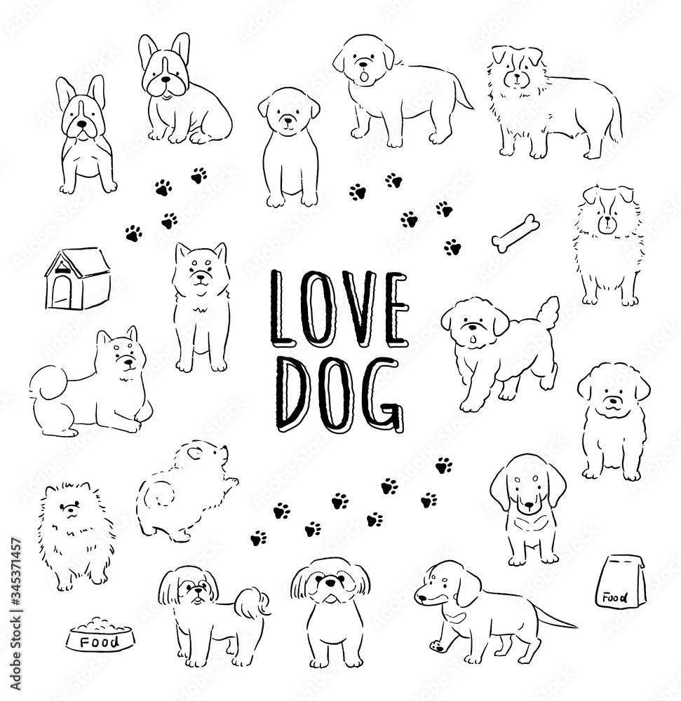 おしゃれでかわいい線画の手書き犬イラストセット Stock Vector