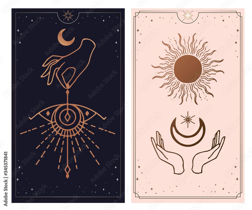 moon and sun Hands, Vintage Fortune Teller Hand with palm reading chart. Sketch graphic illustration with mystic and occult hand drawn symbols. astrological and esoteric concept. - obrazy, fototapety, plakaty 