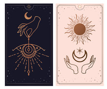 Moon And Sun Hands, Vintage Fortune Teller Hand With Palm Reading Chart. Sketch Graphic Illustration With Mystic And Occult Hand Drawn Symbols. Astrological And Esoteric Concept.