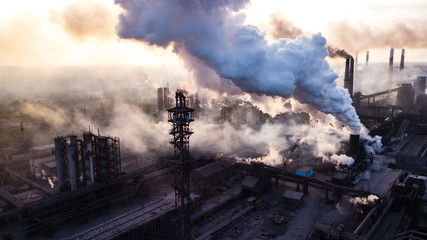 industry metallurgical plant dawn smoke smog emissions bad ecology aerial photography