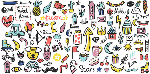Naklejka na meble Summer doodles set. Hand style Color vector items. Illustration with random elements. Design for prints and cards.
