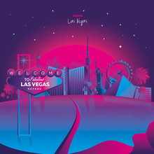 Vector Illustration Inspired By 80s Disco Music, 3d Background, Neon, Las Vegas, Nevada At Sunset, Poster, Banner, Tourism. Vector Illustration