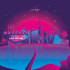 Vector illustration inspired by 80s disco music, 3d background, neon, Las Vegas, Nevada at sunset, poster, banner, tourism. Vector illustration