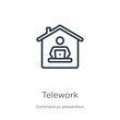© Premium Art - Telework icon. Thin linear telework outline icon isolated on white background from Coronavirus Prevention collection. Modern line vector sign, symbol, stroke for web and mobile