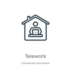 Wall Mural - Telework icon. Thin linear telework outline icon isolated on white background from Coronavirus Prevention collection. Modern line vector sign, symbol, stroke for web and mobile