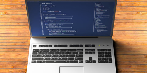 Programming code on a laptop screen, office desk background. 3d illustration
