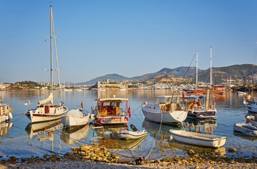 View of the Gumusluk Bodrum Marina, sailing boats and yachts in Bodrum town, city of Turkey.