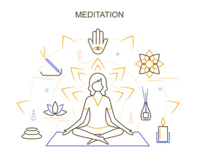 Wall Mural - Meditation Practices Concept Contour Linear Style. Vector