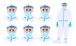 © Illusart - Set of male doctor facial expression with safety protective suit, mask, glasses and face shield. Physician or surgeon wearing PPE. Collection of medical scientist emotions. Cartoon illustration vector