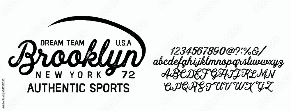 Vector illustration on the theme of denim, raw and jeans in New York City. Vintage design. Grunge background. Typography, t-shirt graphics, print, poster, banner, flyer, postcard.Handmade Vintage Font - obrazy, fototapety, plakaty 