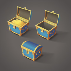 Set of blue chests. Open empty chest, full of gold chest and closed with lock chest. Vector illustration of cartoon treasure chests.