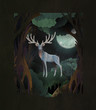 Fairytale cover illustration silver king stag in front of dark magic forest and fool moon