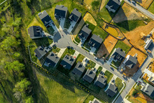 Aerial Top Down View Of Cul De Sac Dead End Street With Newly Constructed Single Family Homes And A Home Site For New Construction At A New Residential Development In The East Coast USA 
