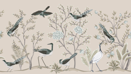 Fototapeta Vintage garden tree, birds, crane floral seamless border beige background. Exotic chinoiserie wallpaper.