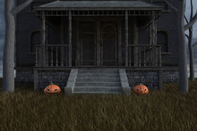 Old Abandoned Wooden House With Pumpkins On Ground, 3d Render.