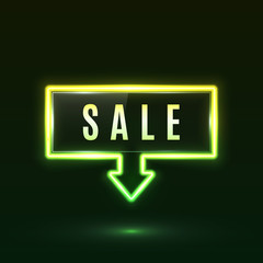 Wall Mural - geometric neon arrow sale banner with glossy plastic material square on dark green background. glowi
