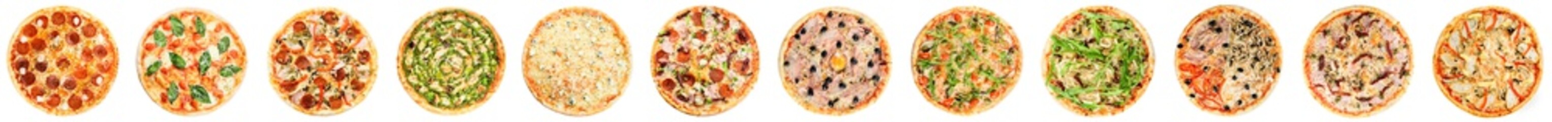 Sticker - set pizza on white top view, flat lay