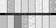 Vector Set Of Geometric Seamless Patterns With Microchip Or Circuit Board Elements. Monochrome Textures. Technology Concept. Usable As Wrapping Paper, Website Background.