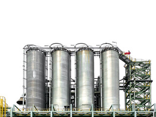 Silo tank storage in petrochemical or refinery industrial isolated on white background