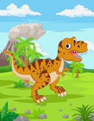 Poster - Cartoon tyrannosaurus in the jungle