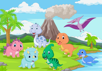 Cartoon baby dinosaurs in the jungle