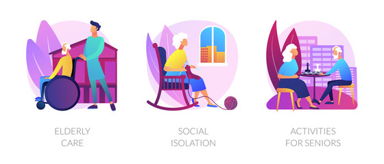 Sticker - Senior people support flat icons set. Pensioners loneliness problem. Elderly care, social isolation, activities for seniors metaphors. Vector isolated concept metaphor illustrations.