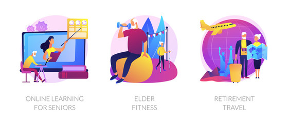 Poster - Pensioners lifestyle flat icons set. Grandparents couple planning trip. Online learning for seniors, elder fitness, retirement travel metaphors. Vector isolated concept metaphor illustrations.