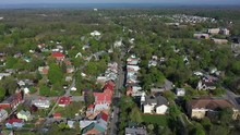 High Aerial Views Of Shepherdstown, WV Showing Houses, Store Fronts And Churches..