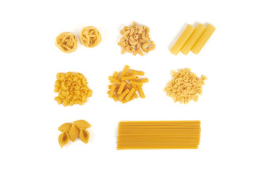 Wall Mural - Collection of italian pasta portion isolated on white background.