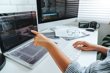 Wall Mural - developing programmer development website design and coding technologies working at home