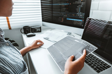 Wall Mural - developing programmer development website design and coding technologies working at home