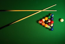 Backdrop Of Pyramid Of Pool Balls And Billiard Cues On Green Billiard Table