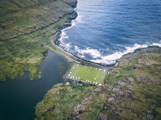 aerial shot of eidi soccer stadium at faroe islands