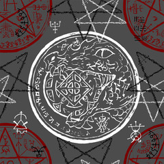 Sticker - Seamless pattern with dragon holding coin, pentacle and mystic symbols. Halloween line art vector illustration. Esoteric, occult and gothic background