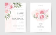Wedding invitation cards in pink roses and green eucalyptus leaves. Set in a minimal style.