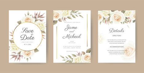 Wall Mural - Vintage wedding invitation card set. Elegant flower bouquet. A white rose painted with watercolor eucalyptus leaves with a golden frame.