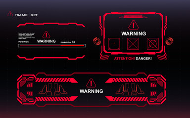 Attention Danger Set of red frames with text Warning Danger Alarm pop-up screens with HUD, GUI, UI elements