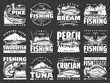 Fishing sport leisure, fish hooks and lure rods vector icons. Fishing club big fish catch tournament for tuna and crucian, pike and flounder, perch, sea mackerel and swordfish, baits and tackles store