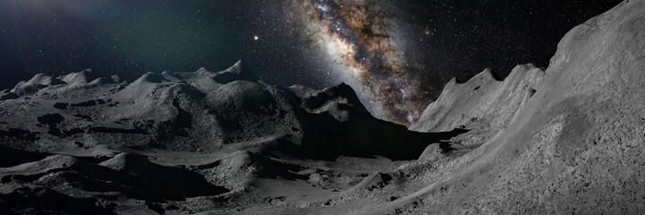Wall Mural - moon surface, lunar landscape with the milky way galaxy over the horizon (3d space illustration bann