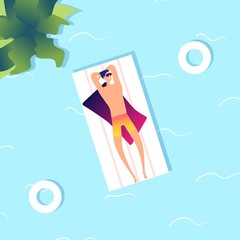 Canvas Print - Man swimming. Summer sea guy in water. Cartoon person on mattress, summertime in pool. Vacation time, travel and relax vector illustration. Summer sea vacation, holiday and travel