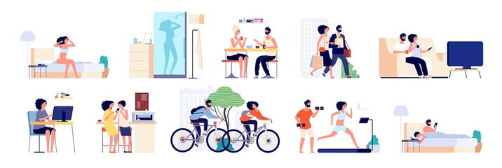 Sticker - Couple routine. People clean home, everyday caring life. Young girl man together. Happy family lifestyle, housework and cooking vector set. Couple routine, woman and man together everyday illustration