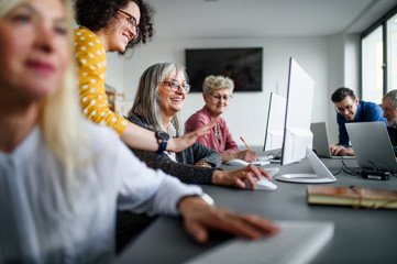 Group of senior people attending computer and technology education class.
