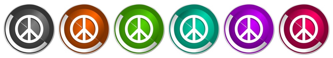 Aufkleber - Peace icon set, silver metallic chrome border vector web buttons in 6 colors options for webdesign