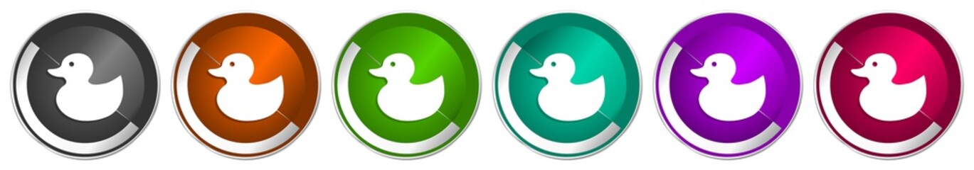 Fototapete - Duck toy, bird icon set, silver metallic chrome border vector web buttons in 6 colors options for webdesign