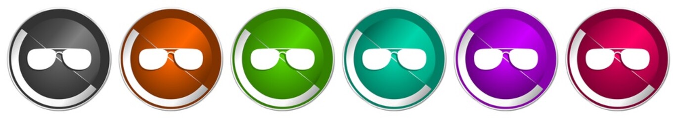 Aufkleber - Sun glasses, sunglasses icon set, silver metallic chrome border vector web buttons in 6 colors options for webdesign