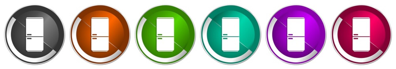 Aufkleber - Fridge, refrigerator icon set, silver metallic chrome border vector web buttons in 6 colors options for webdesign