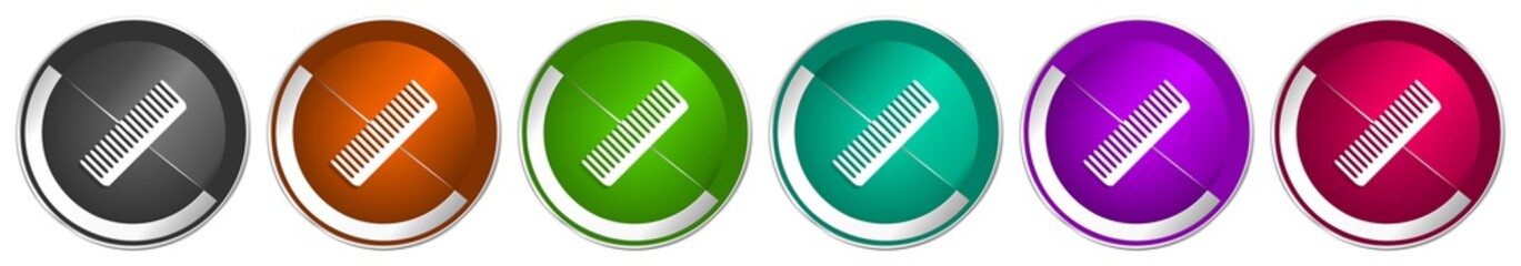 Aufkleber - Comb icon set, style, haircut, hair salon silver metallic chrome border vector web buttons in 6 colors options for webdesign