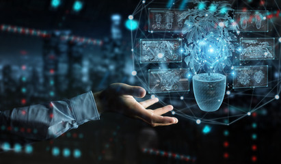 Aufkleber - Man hand holding and touching holographic projection of a plant with digital analysis 3D rendering