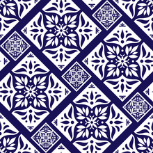Parquet Floor Tile Pattern Vector Seamless With Ceramic Print. Vintage Mosaic Motif Texture. Puebla Majolica Background For Kitchen Floor Or Bathroom Floor Wall.